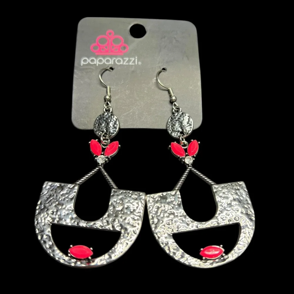 Paparazzi Statement Dangle Earrings Silver Tone Pink‎ Gemstones Geometric Boho